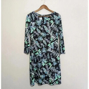 Sara Campbell Paisley Print Black Blue Green V Neck Dress Size Small 3/4 Sleeve